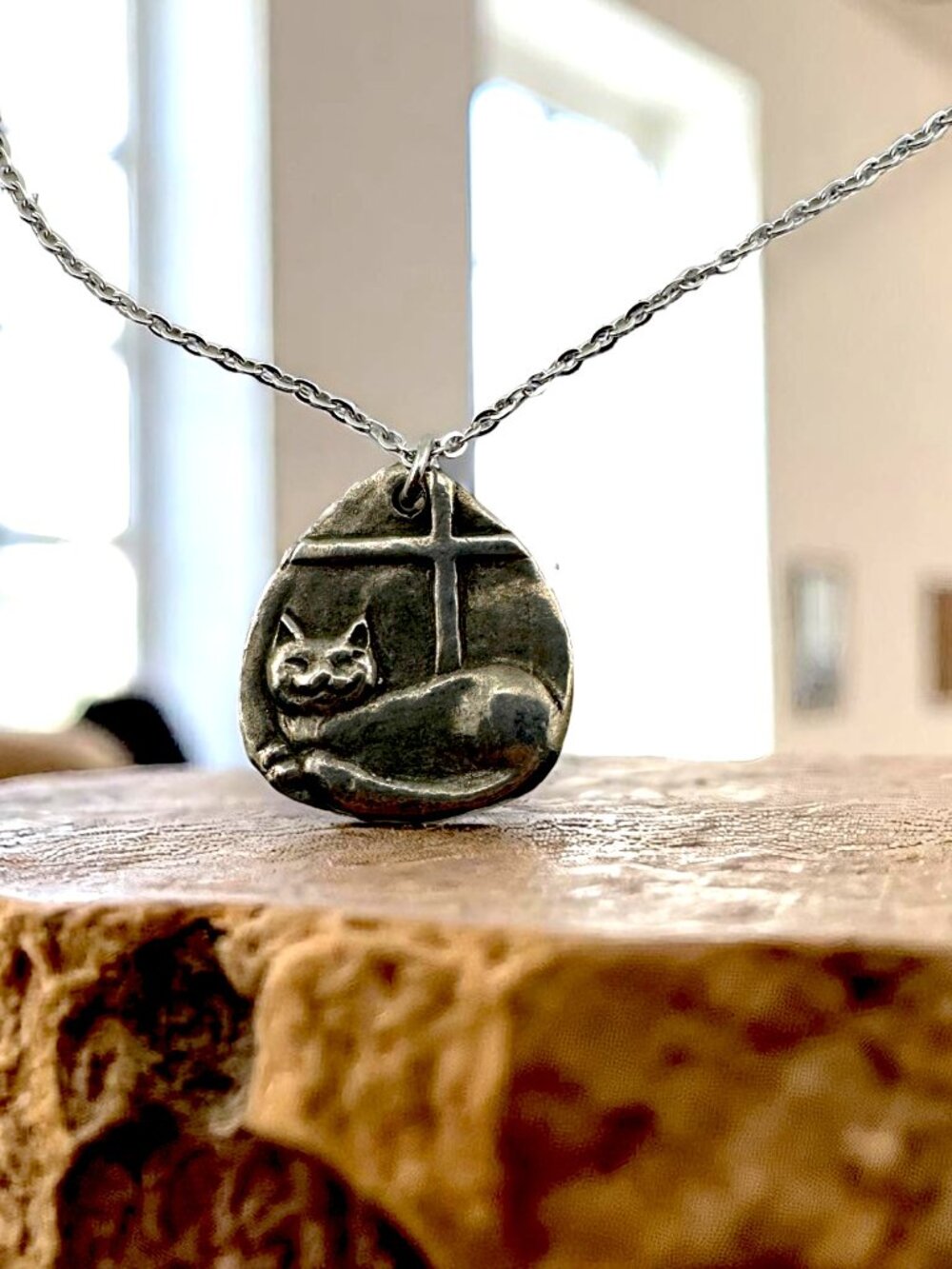 Pewter Cat in a Window Necklace Double Sided Pendant Diamond Cut Stainless Steel